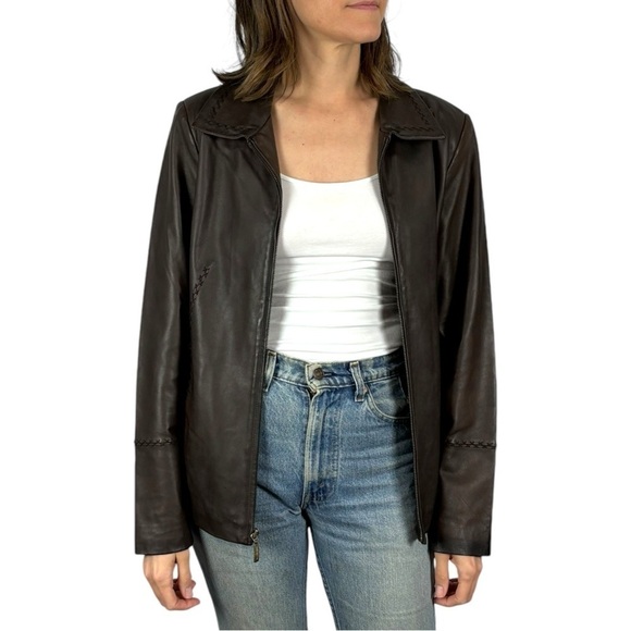 JONES NEW YORK 90S ZIP FRONT STITCHED TRIM TAILORED CLASSIC BROWN LEATHER JACKET - Picture 2 of 14